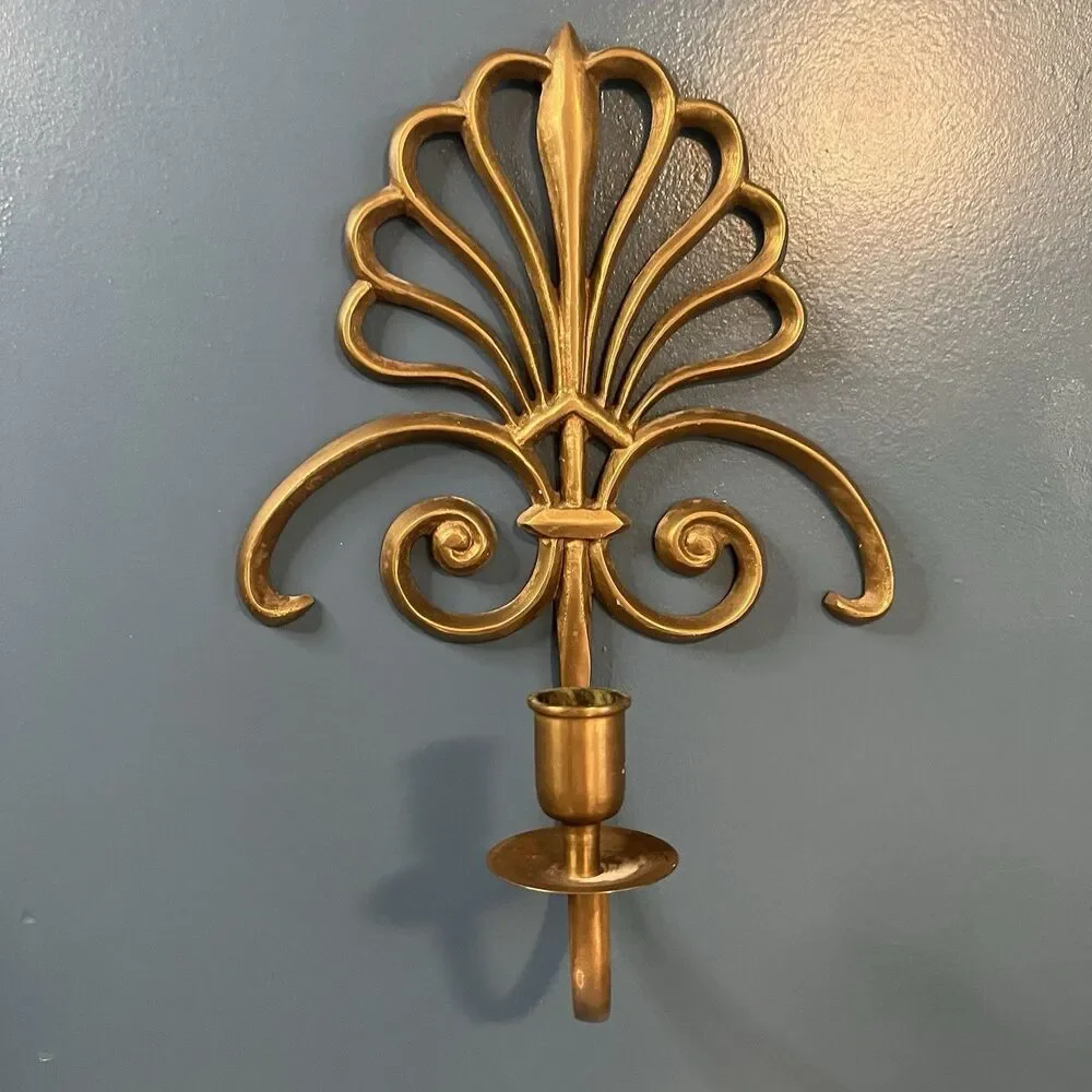 Solid Brass Wall Mounted Sconces Pair Scroll Design 90’s Single Candlestick